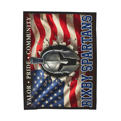 Bixby Spartans Velveteen Plush Blanket — Valor • Pride • Community with American Flag and Spartan Helmet