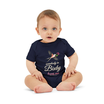 Somebody in Bixby Loves Me Baby Bodysuit, Navy, worn on baby