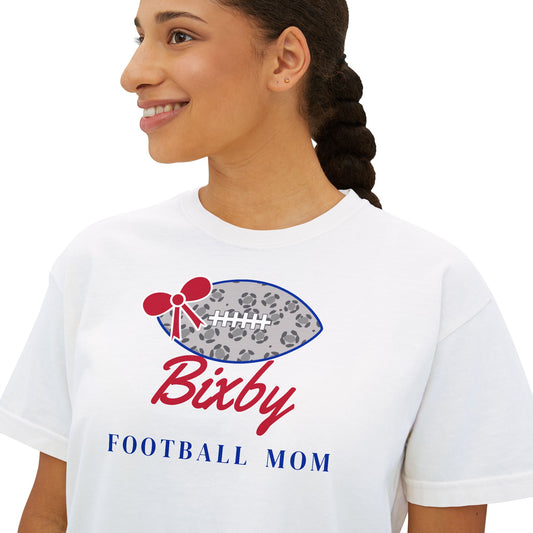 Bixby Spartans Football Mom Women's Boxy Tee – Leopard Football & Bow, Navy Lettering