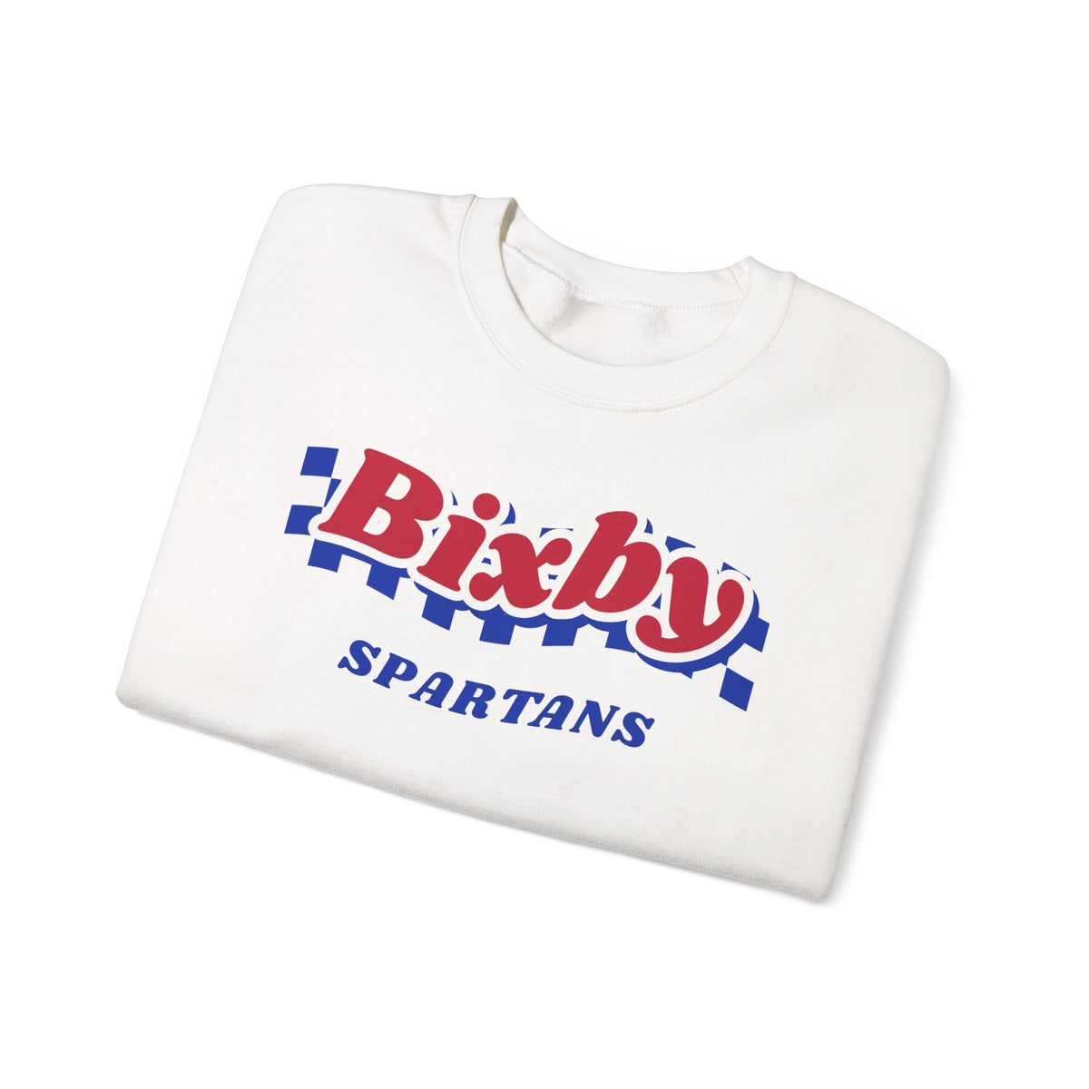 Bixby Spartans Retro Blue Checkered Script Sweatshirt – Vintage Game Day Crewneck