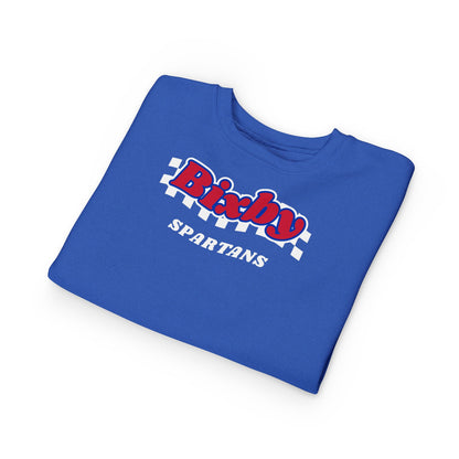 Bixby Spartans Retro Script Checkered Toddler Sweatshirt – Little Spartan Game Day Crewneck