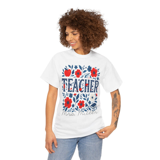 Floral Teacher Personalized Spartan Gildan Tee