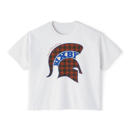 Bixby Spartans East Elementary Plaid Helmet Women's Boxy Tee – School Spirit Mom Shirt
