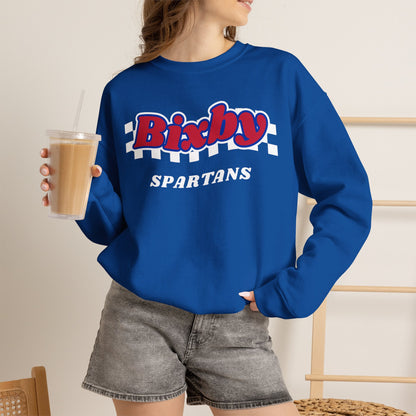 Bixby Spartans Retro Script Checkered Sweatshirt – Red, White & Blue Game Day Crewneck