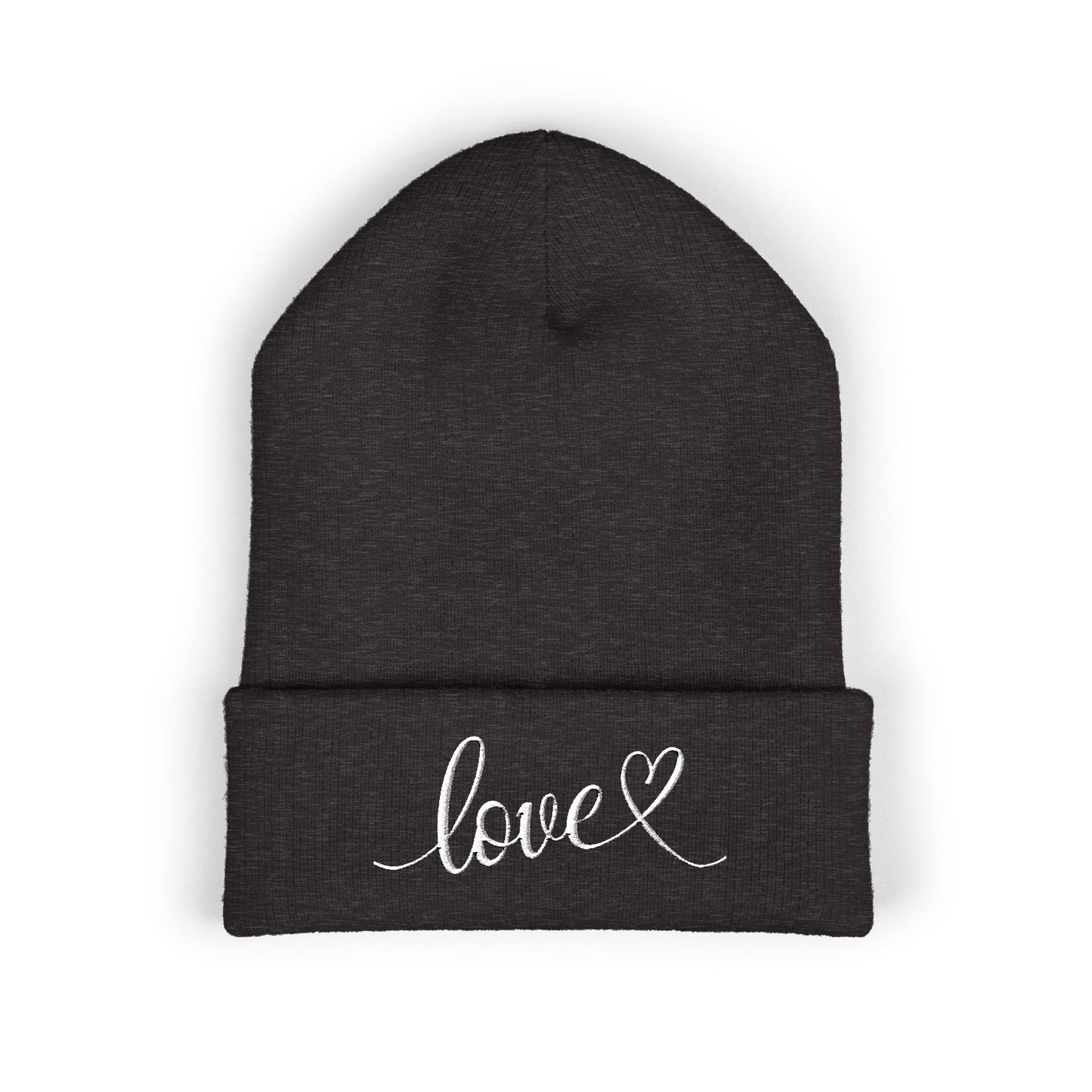 Embroidered Love Cuffed Beanie Cozy Knit Hat with Heart Script