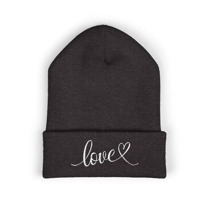 Embroidered Love Cuffed Beanie Cozy Knit Hat with Heart Script