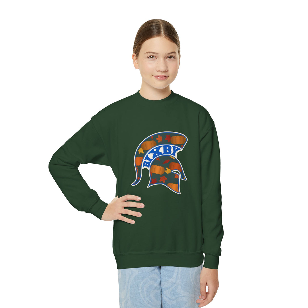 Bixby Spartans Pumpkin Patch Helmet Youth Sweatshirt – Kids Fall Crewneck