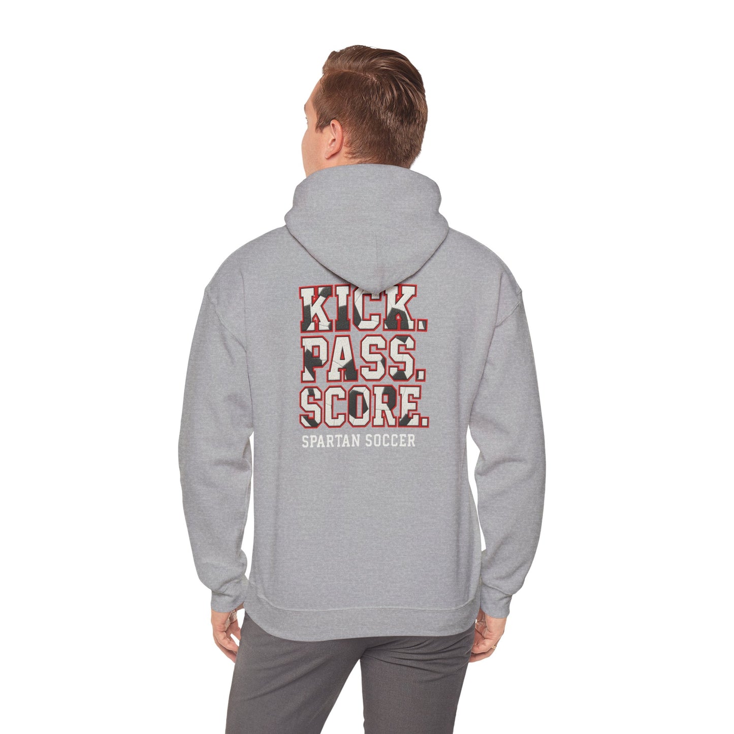 Kick. Pass. Score. Spartan Soccer Gildan Hoodie