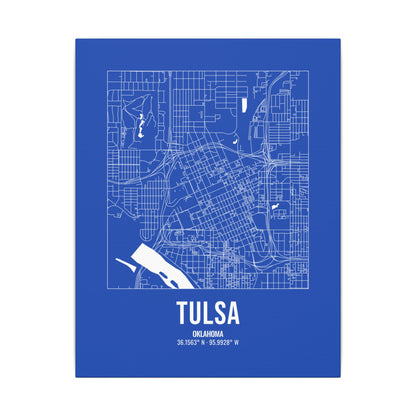Tulsa Street Map Canvas, White on Royal Blue