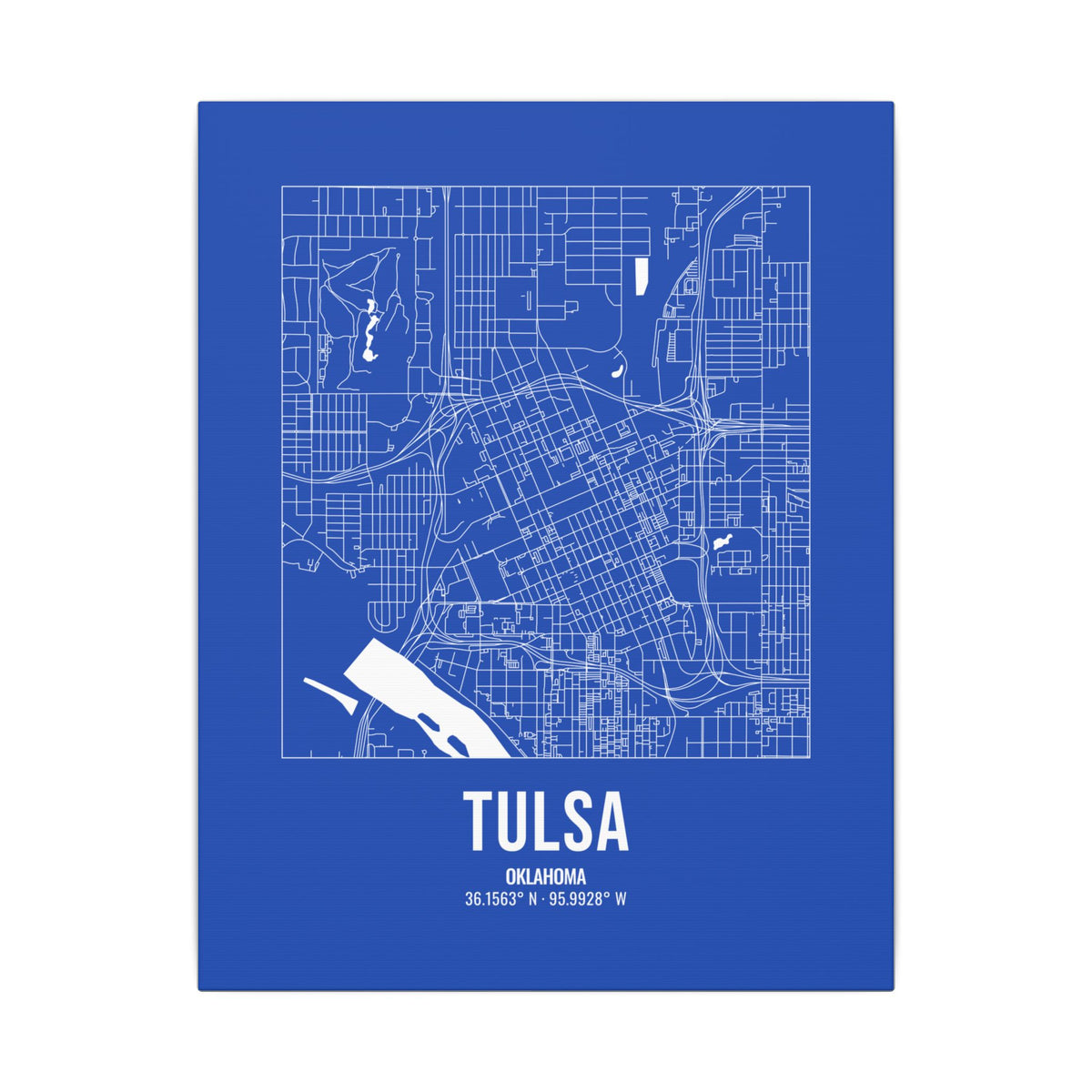 Tulsa Street Map Canvas, White on Royal Blue