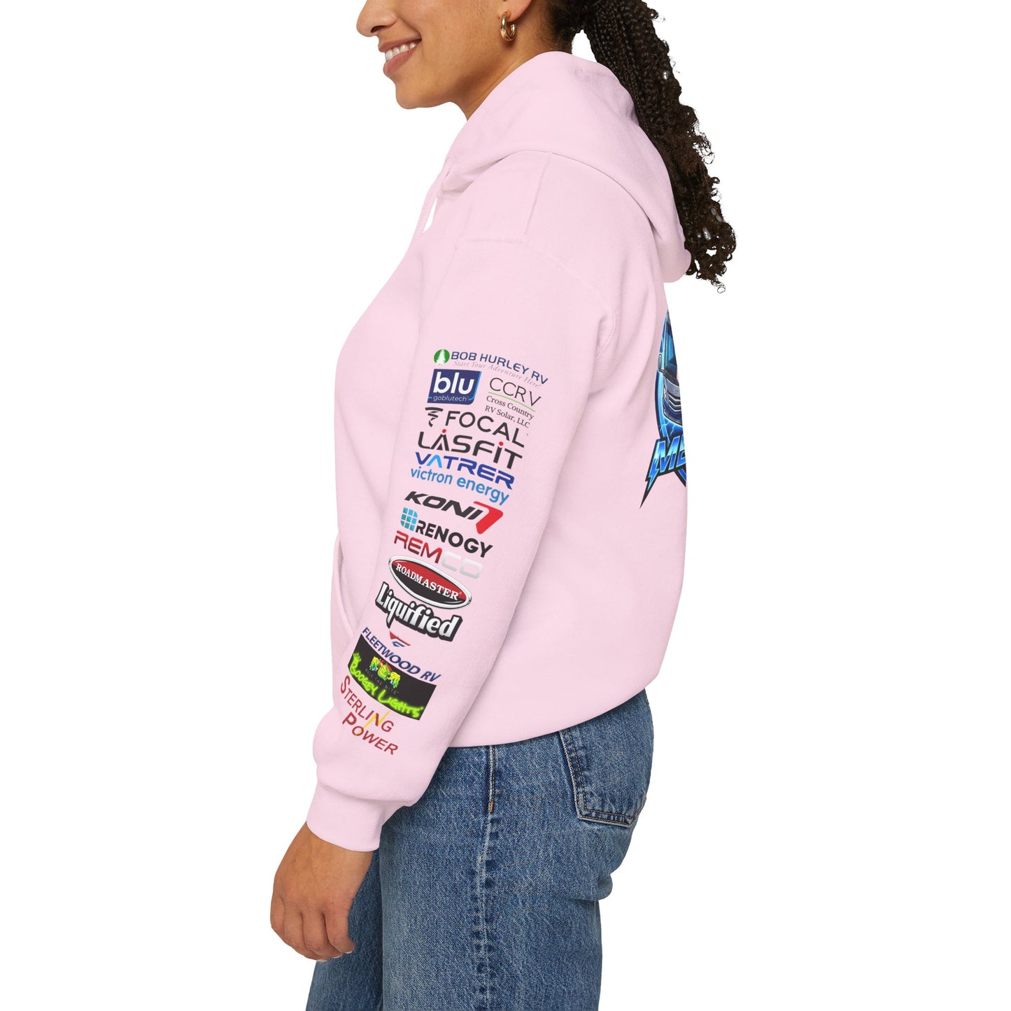 RV Megawatt Hoodie — Retro Camper Graphic Pullover with Sponsor Sleeve Logos
