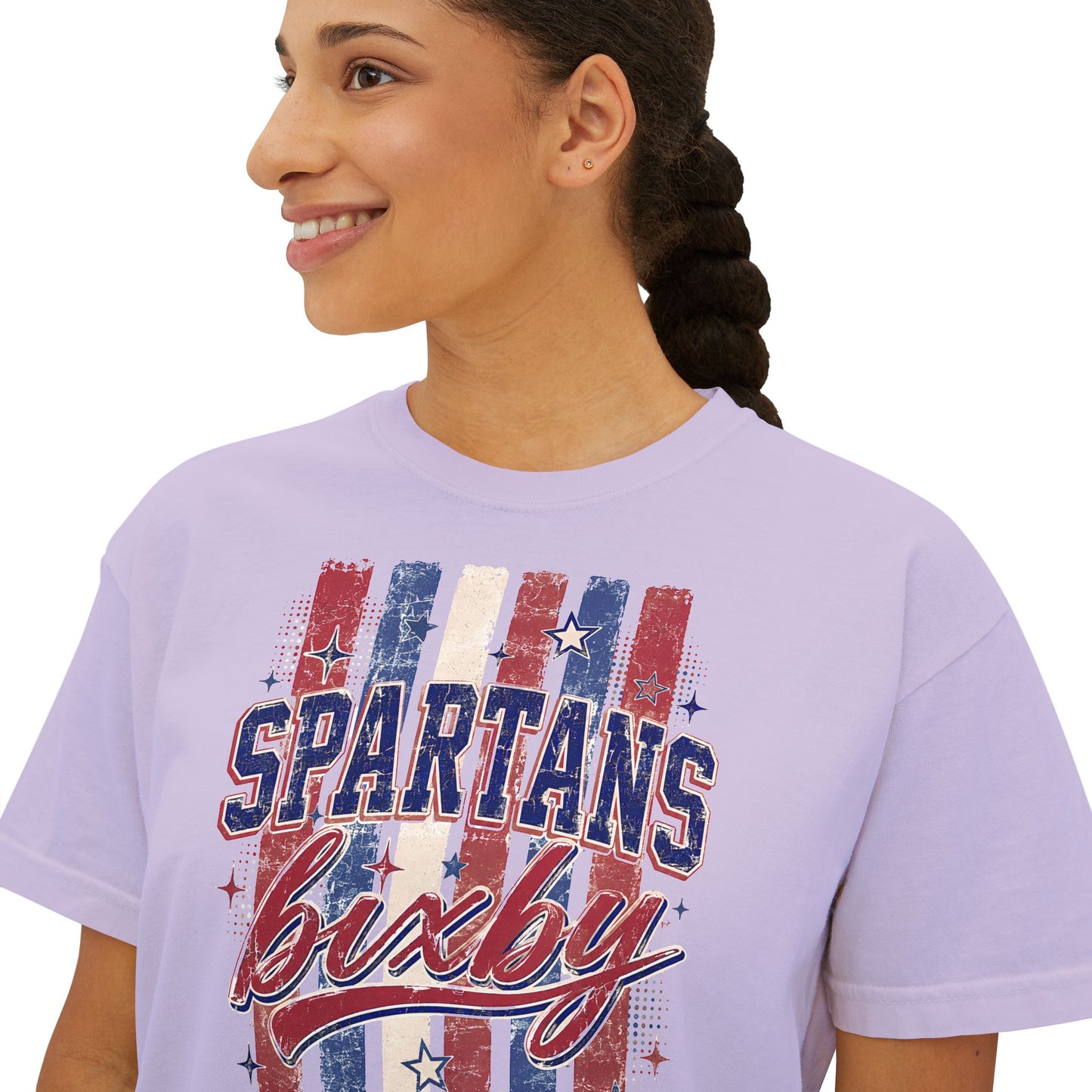 Spartans Lucky Women's Boxy Tee Vintage Red & Blue Patriot Stripes