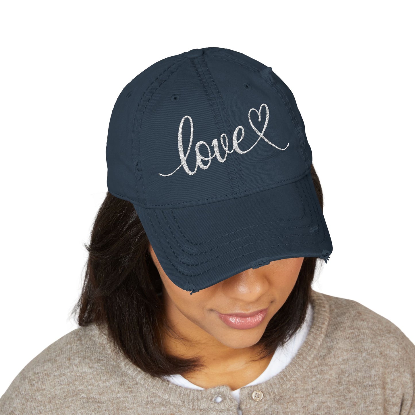 Love Script Embroidered Heart Vintage Distressed Ballcap