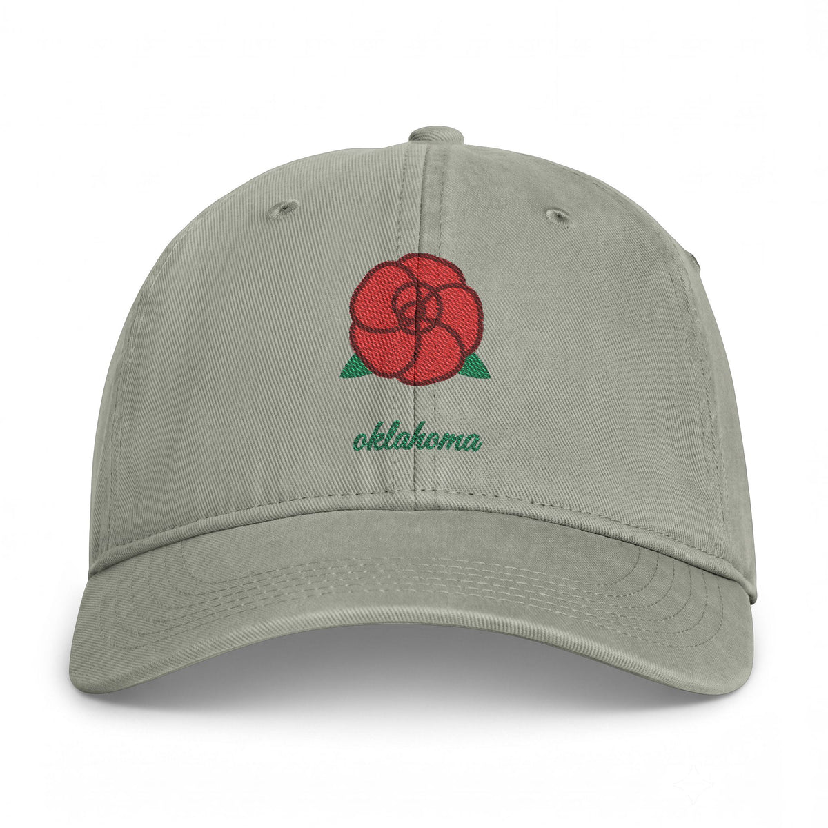 Oklahoma Rose embroidered washed cap in Sandstone, front view