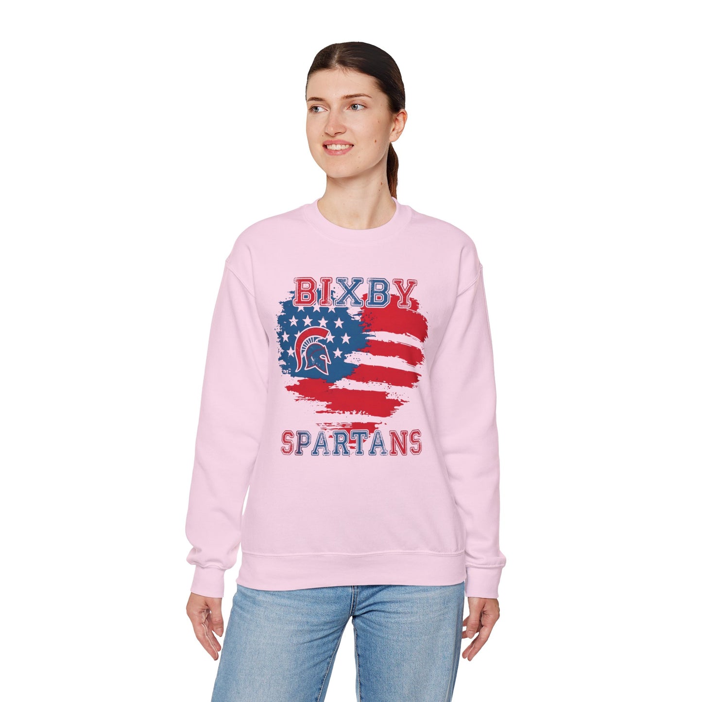 Bixby Spartans Heart American Flag Crewneck Sweatshirt