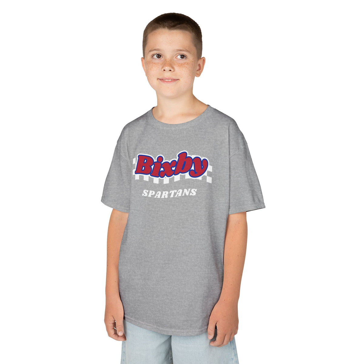 Bixby Spartans Retro Script Checkered Youth Tee – Kids Red, White & Blue Game Day Shirt