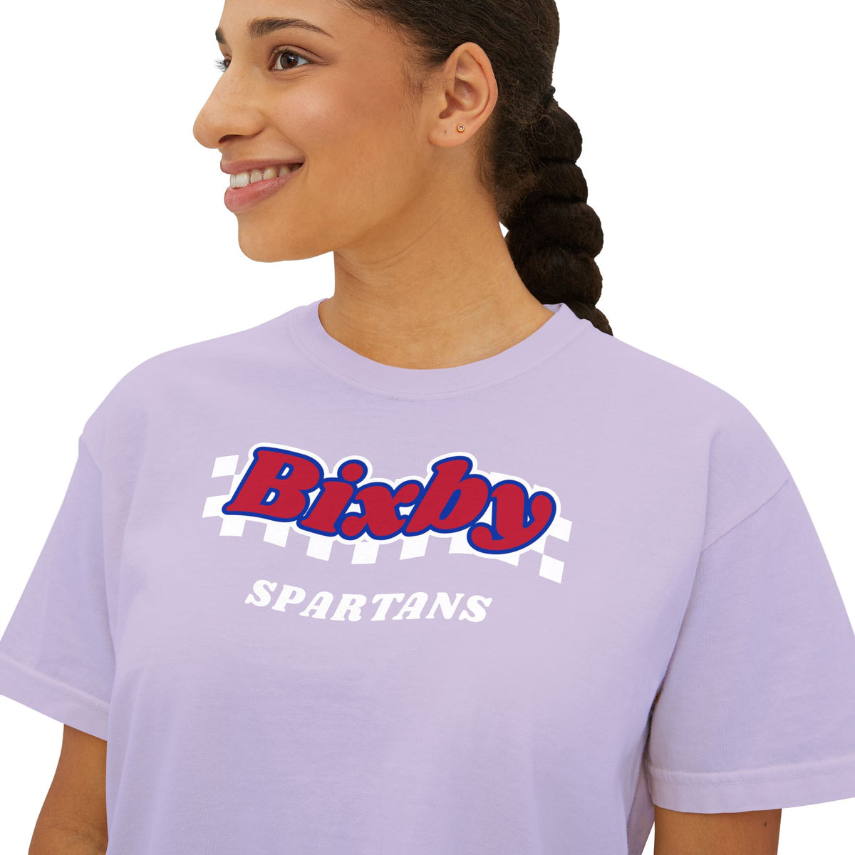 Bixby Spartans White Checker Retro Logo Women's Boxy Tee – Game Day Shirt
