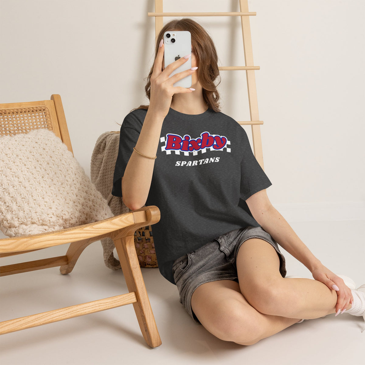 Bixby Spartans Retro Script Checkered Tee – Red, White & Blue Game Day Shirt