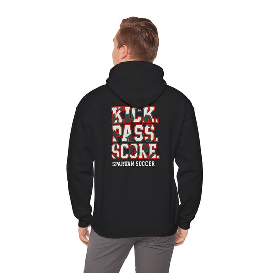 Kick. Pass. Score. Spartan Soccer Gildan Hoodie