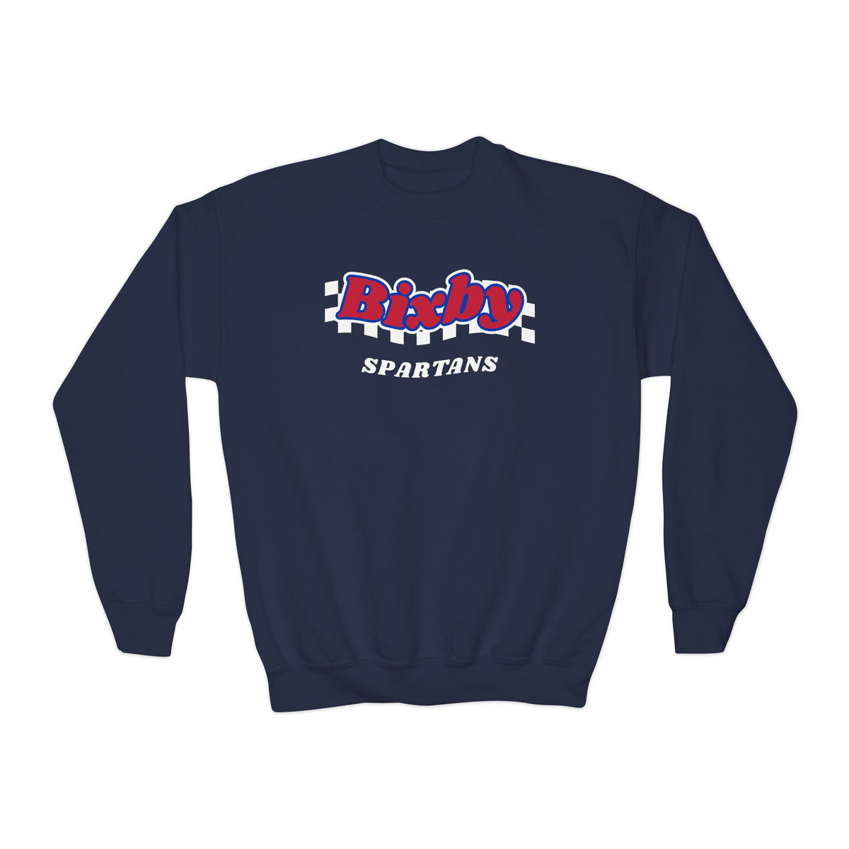 Bixby Spartans Retro Script Checkered Youth Sweatshirt – Kids Game Day Crewneck