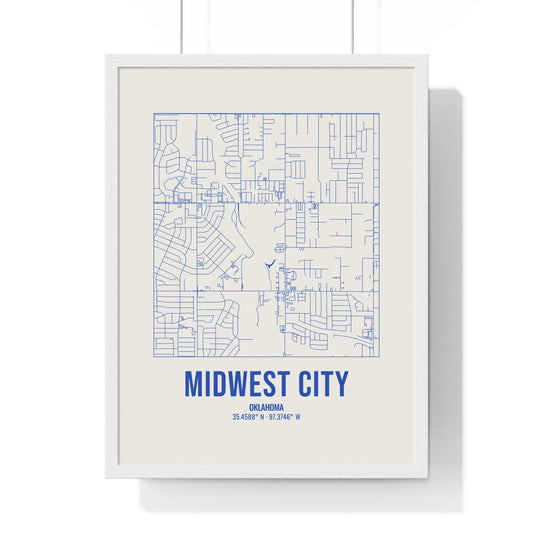 Midwest City Street Map Framed Print, Royal Blue on Cream