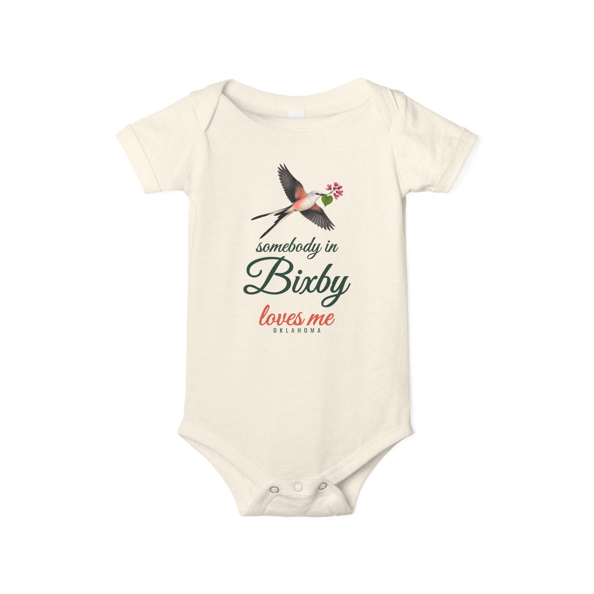 Somebody in Bixby Loves Me Baby Bodysuit, White, front view
