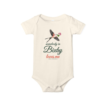 Somebody in Bixby Loves Me Baby Bodysuit, White, front view