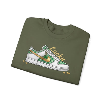 Sneaker Lucky Adult Gildan Crewneck Sweatshirt — Green Plaid Shoe Graphic