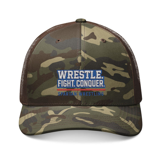 Bixby Wrestle. Fight. Conquer. Camouflaged Trucker Snapback