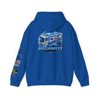 RV Megawatt Hoodie — Retro Camper Graphic Pullover with Sponsor Sleeve Logos