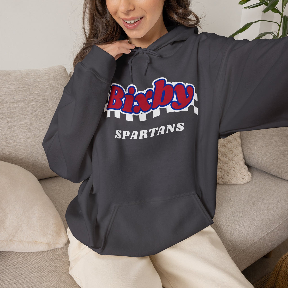 Bixby Spartans Retro Script Checkered Hoodie – Red, White & Blue Game Day Hooded Sweatshirt