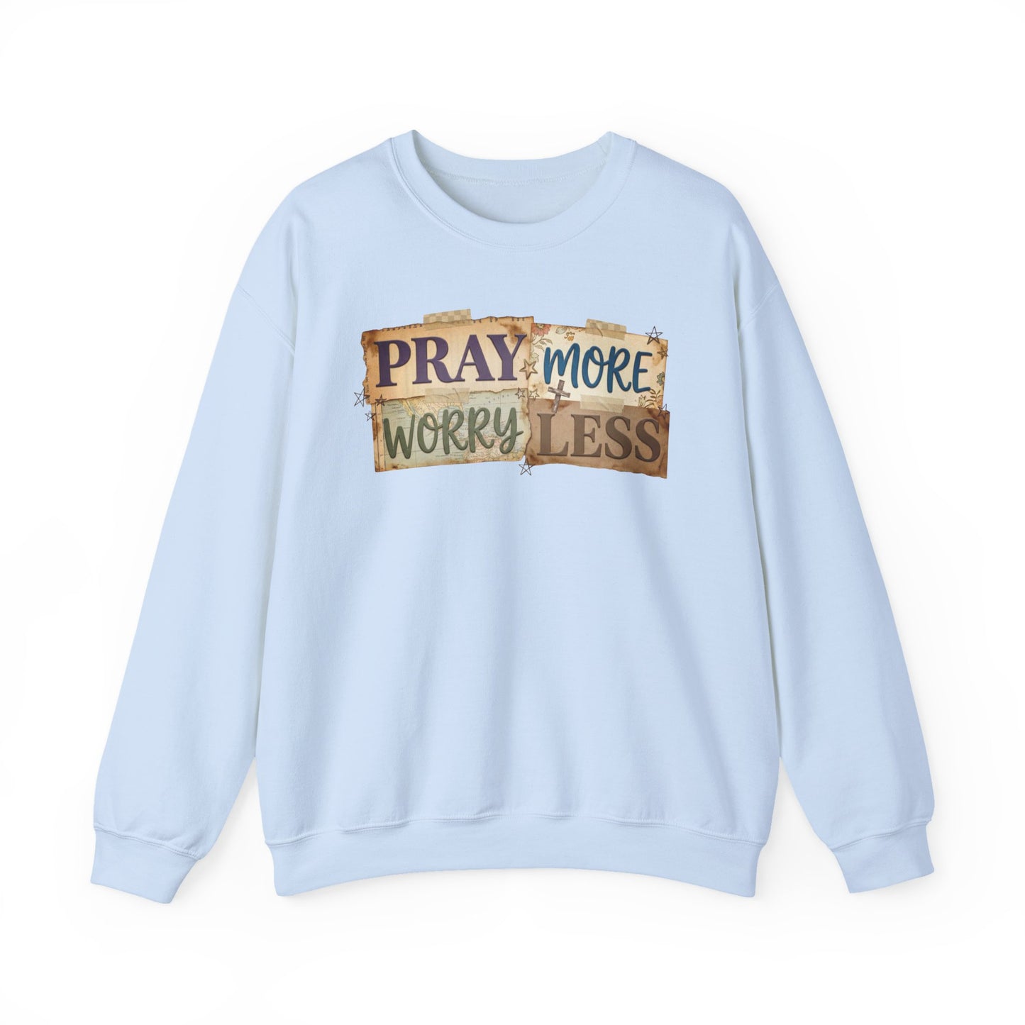 Pray More Worry Less Gildan Sweatshirt | Faith Christian Bible Verse Crewneck