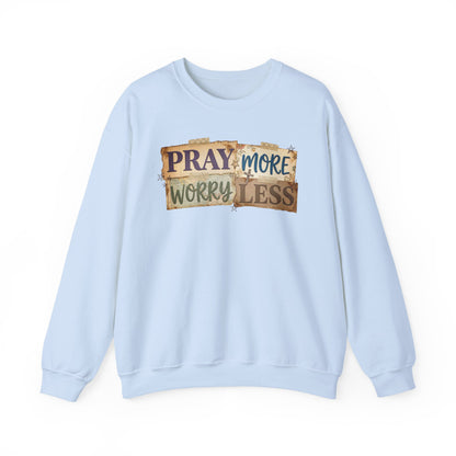 Pray More Worry Less Gildan Sweatshirt | Faith Christian Bible Verse Crewneck