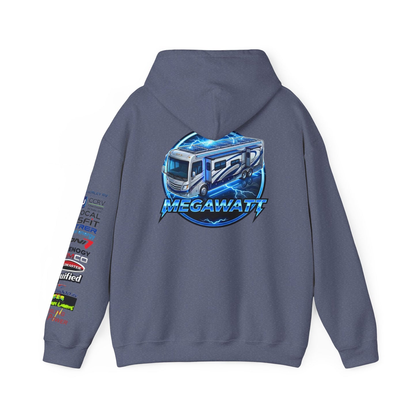 RV Megawatt Hoodie — Retro Camper Graphic Pullover with Sponsor Sleeve Logos