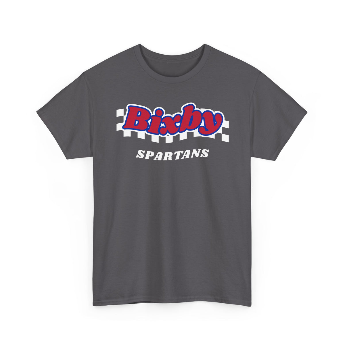 Bixby Spartans Retro Script Checkered Tee – Red, White & Blue Game Day Shirt