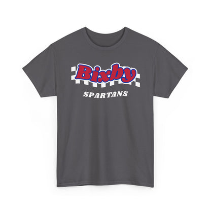 Bixby Spartans Retro Script Checkered Tee – Red, White & Blue Game Day Shirt