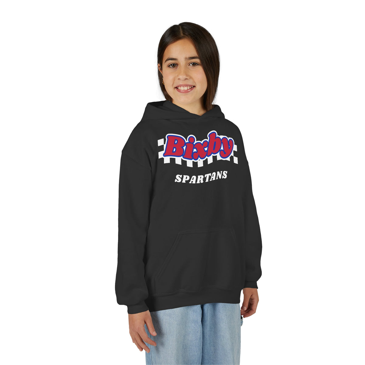 Bixby Spartans Retro Script Checkered Youth Hoodie – Kids Game Day Hoodie