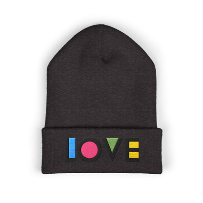 LOVE Embroidered Cuffed Beanie — Colorful Retro Knit Hat for Pride & Everyday Wear