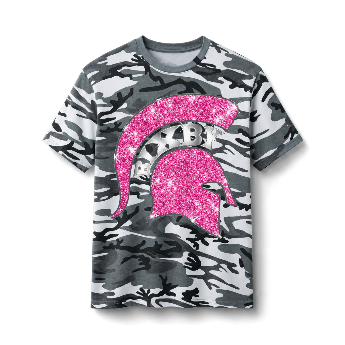 Camo Tee with Pink Glitter Spartan Helmet – Girls' Glitter Camo Shirt