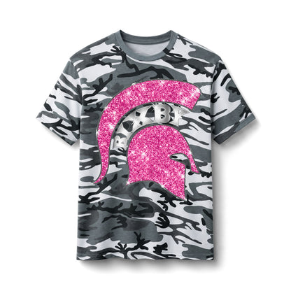 Camo Tee with Pink Glitter Spartan Helmet – Girls' Glitter Camo Shirt