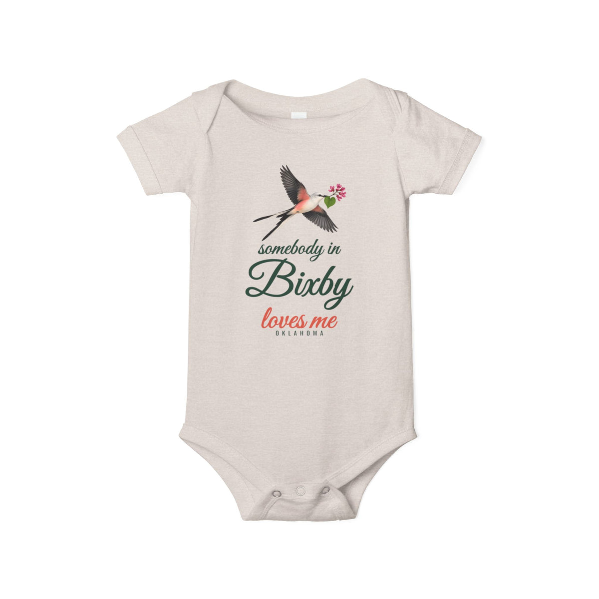 Somebody in Bixby Loves Me Baby Bodysuit, Natural, front view