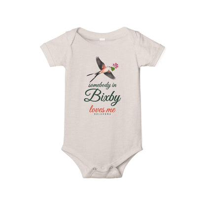 Somebody in Bixby Loves Me Baby Bodysuit, Natural, front view
