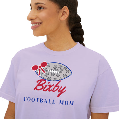 Bixby Spartans Football Mom Women's Boxy Tee – Leopard Football & Bow, Navy Lettering