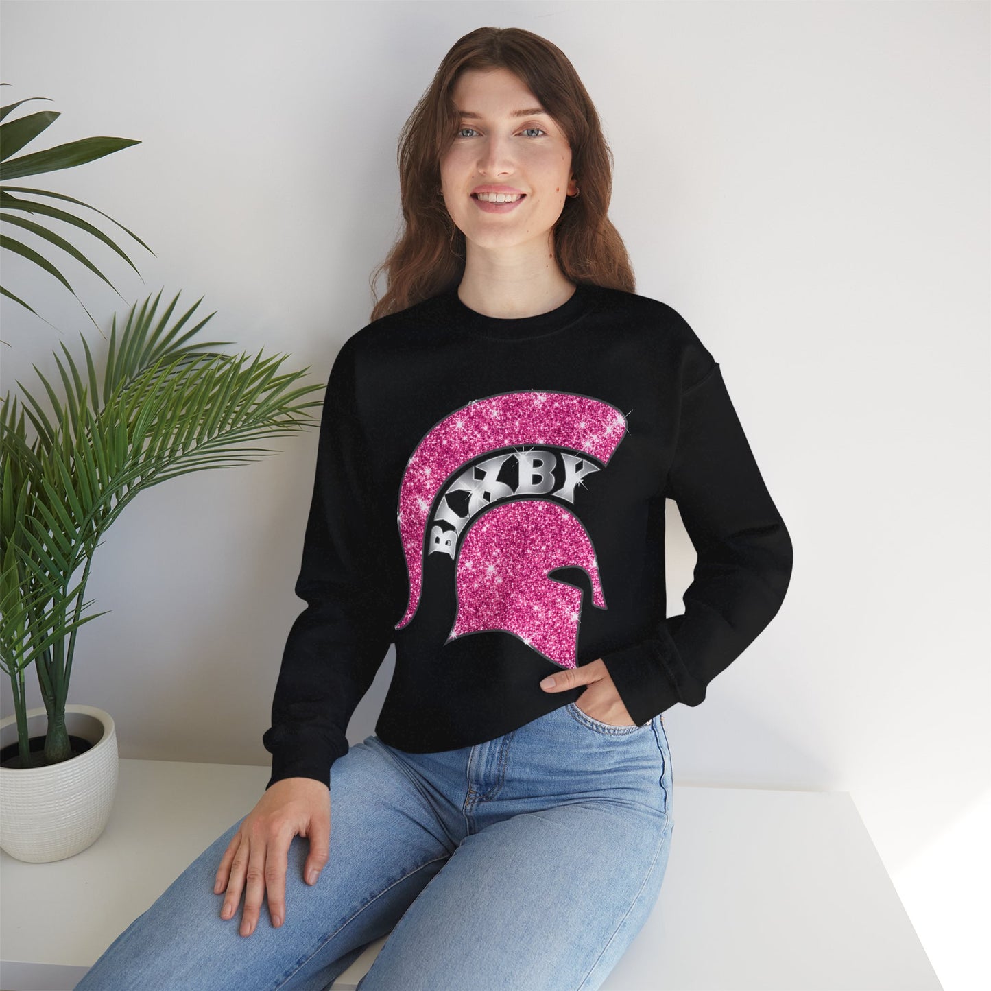 Bixby Spartan Pink Helmet Bling Gildan Sweatshirt