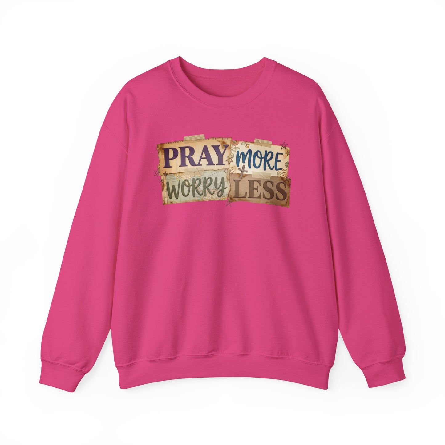 Pray More Worry Less Gildan Sweatshirt | Faith Christian Bible Verse Crewneck