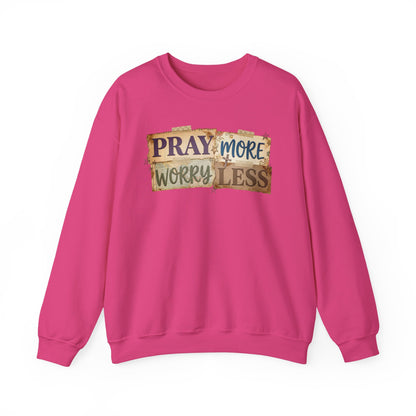 Pray More Worry Less Gildan Sweatshirt | Faith Christian Bible Verse Crewneck