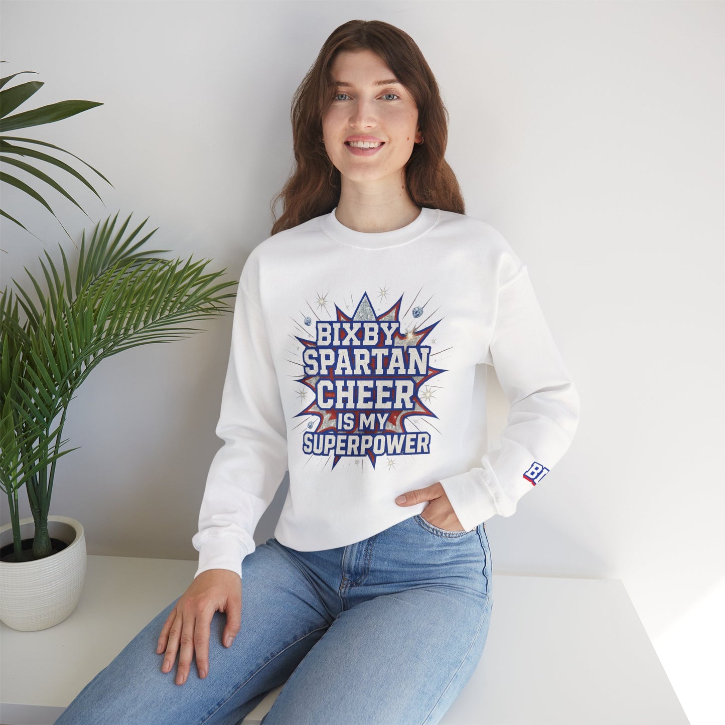 Bixby Spartan Cheer Superpower With Sleeve Print Gildan Sweatshirt