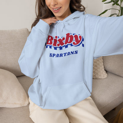 Bixby Spartans Retro Blue Checkered Script Hoodie – Vintage Game Day Hooded Sweatshirt
