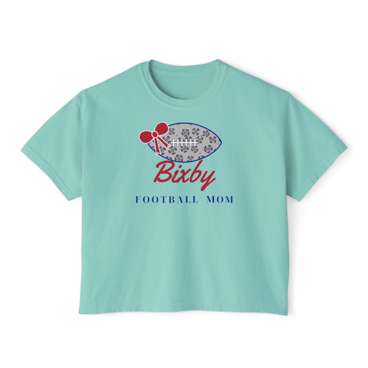 Bixby Spartans Football Mom Women's Boxy Tee – Leopard Football & Bow, Navy Lettering