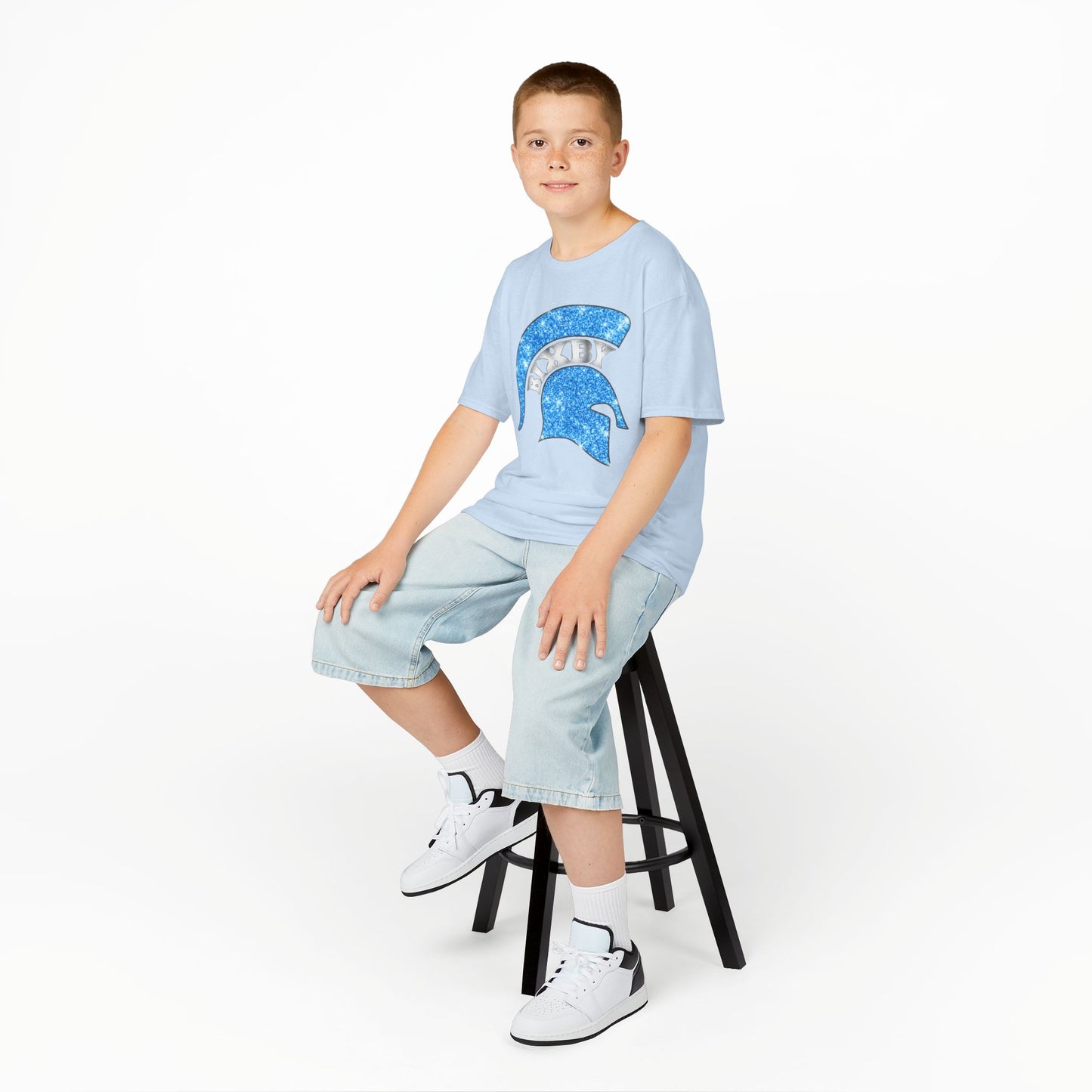Bixby Spartan Blue Helmet Bling Youth Gildan Tee
